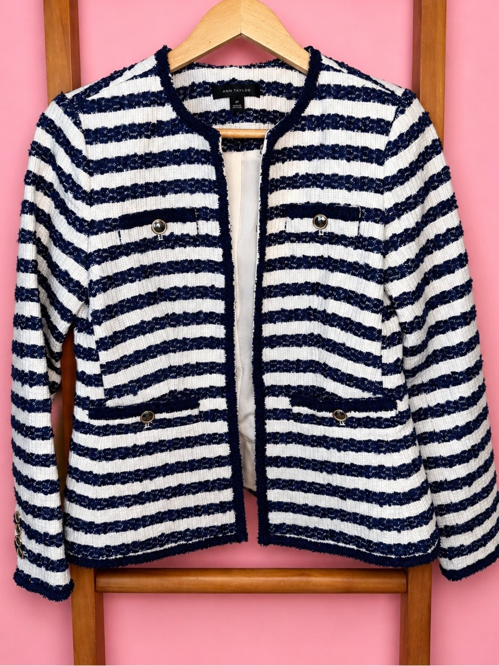 Ann Taylor Navy White Striped Bouclé Tweed Fitted Jacket Blazer 0P Petite
